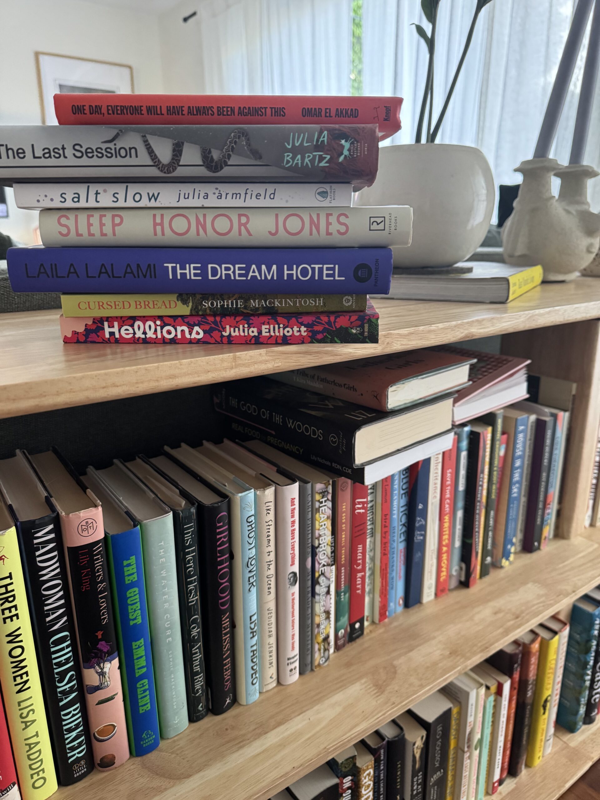 A wooden bookshelf with two shelves displays a variety of fiction and nonfiction books, some stacked horizontally and others arranged vertically.