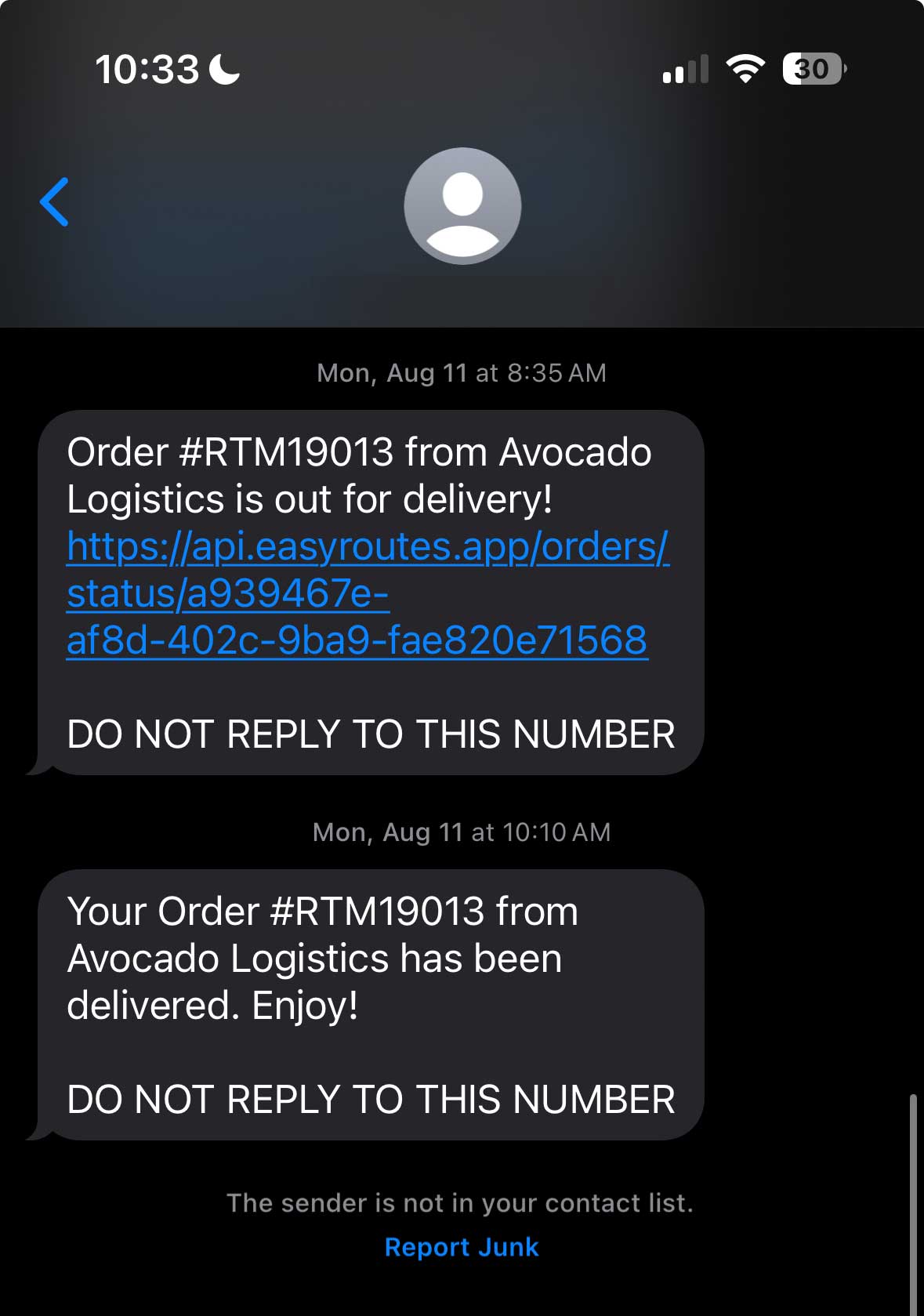 A phone screen shows two text messages confirming the shipment and delivery of order #RTM19013 from Avocado Logistics, with a tracking link included.