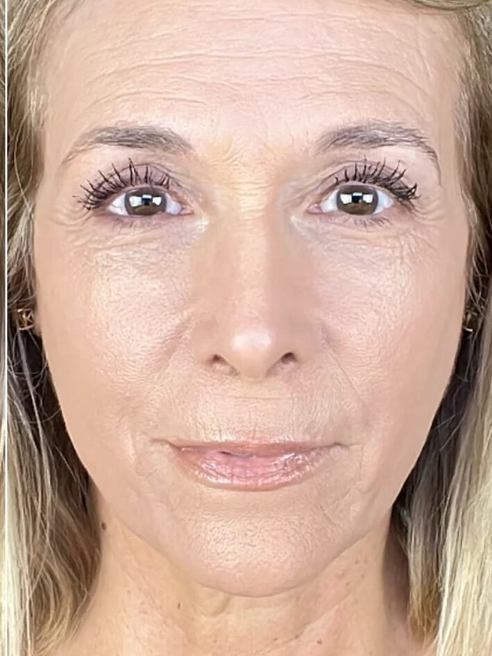 Side-by-side comparison of a woman's face before and after makeup application, showing smoother skin, defined eyebrows, and enhanced eyelashes in the after image.