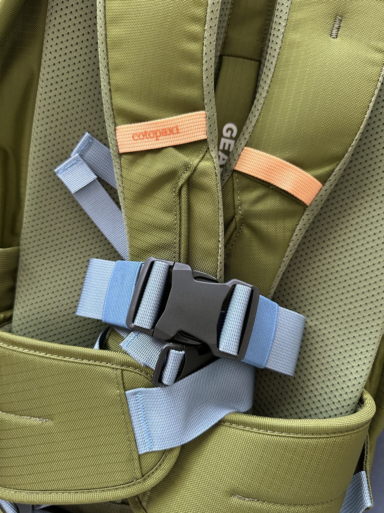 Close-up of an olive green backpack with a black plastic buckle and light blue straps, featuring orange and gray fabric tags.