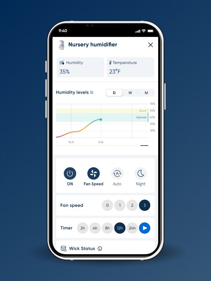 Smartphone displaying a nursery humidifier app interface with humidity at 35%, temperature at 23°F, and a humidity chart. Options for fan speed, timer, and settings are visible.