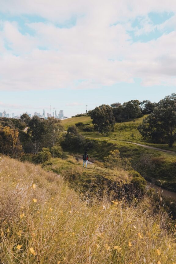 Person standing on a grassy hill surrounded by trees, overlooking a distant city skyline under a partly cloudy sky.