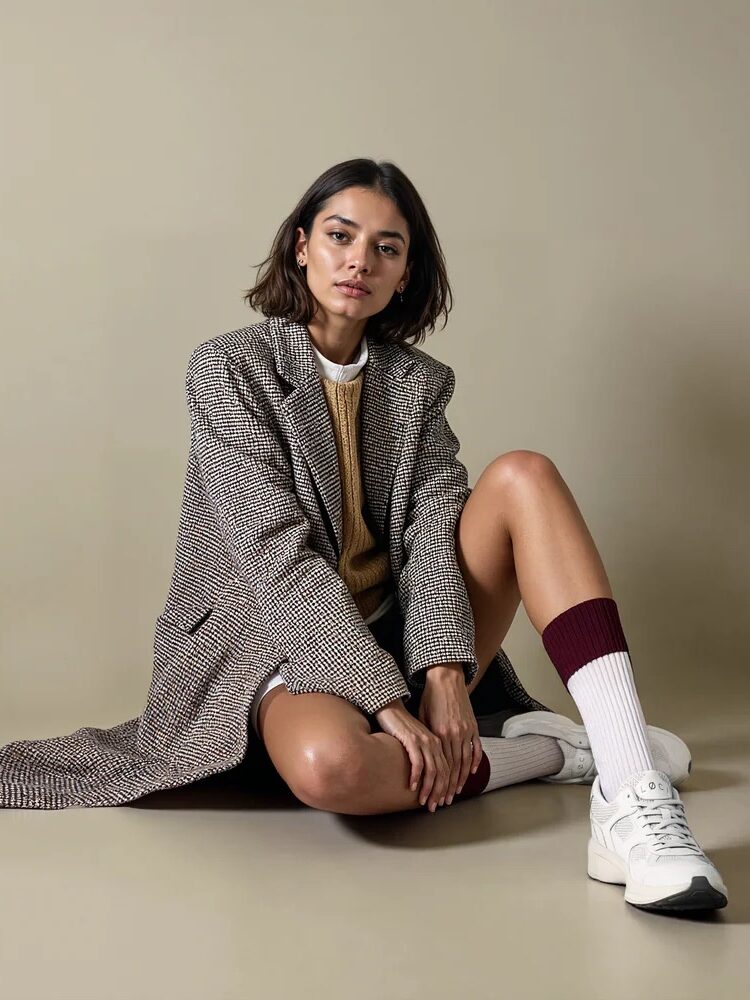 A woman in a checked coat, tan sweater, white skirt, maroon and white socks, and sustainable sneakers sits on the floor against a beige background.