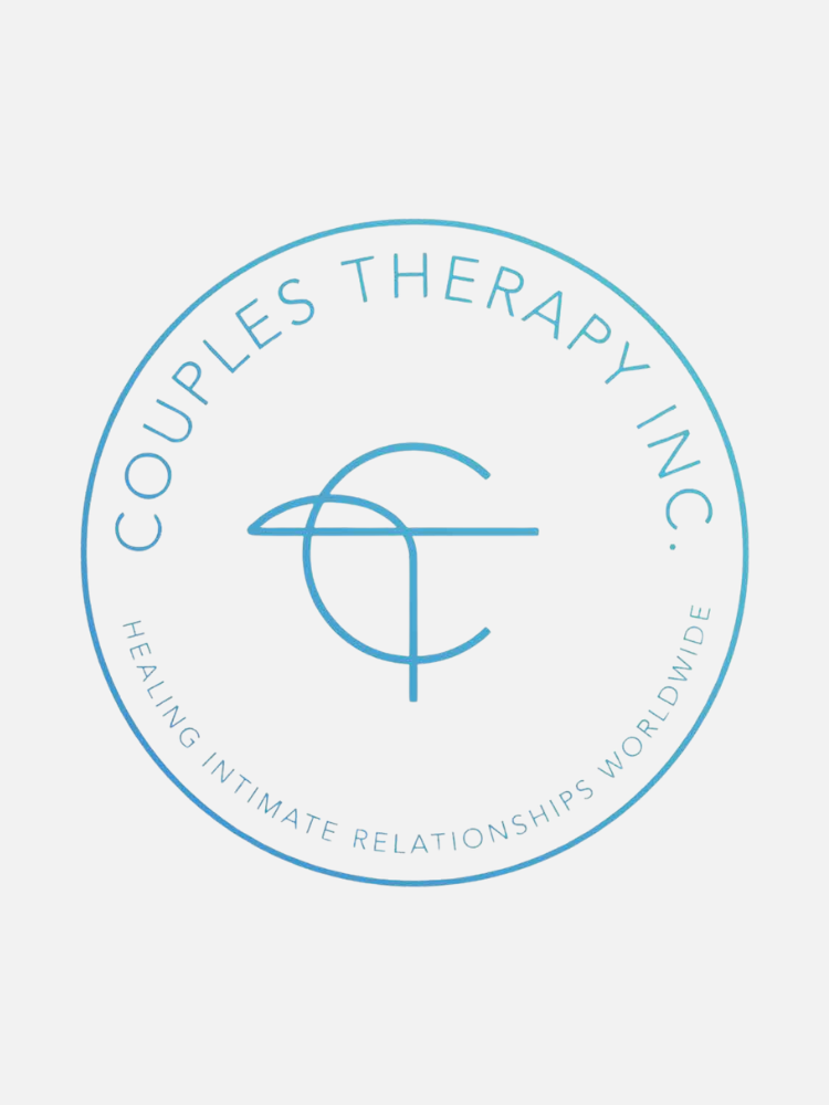 Logo of Couples Therapy Inc. featuring intertwined letters and the phrase "Healing Intimate Relationships Worldwide" in blue.