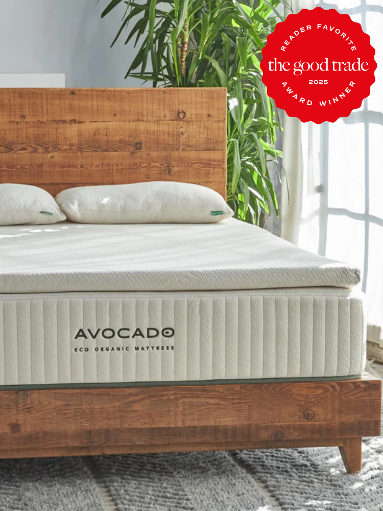 Avocado eco organic mattress on a wooden bed frame with pillows, next to a plant and window. Red "Reader Favorite Award Winner 2025" badge from The Good Trade in the corner.