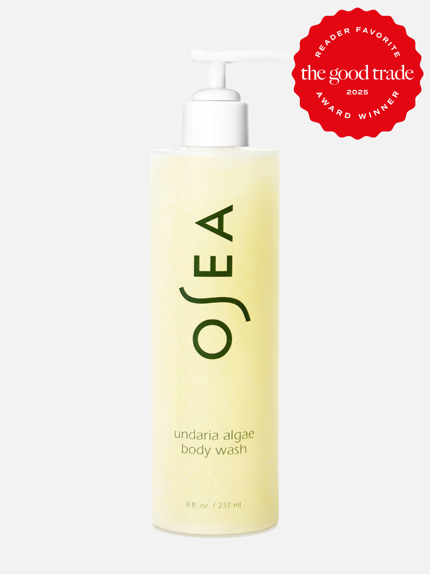 OSEA Undaria Algae Body Wash bottle with a 237 ml label. A red badge states "Reader Favorite: The Good Trade, 2025 Award Winner.