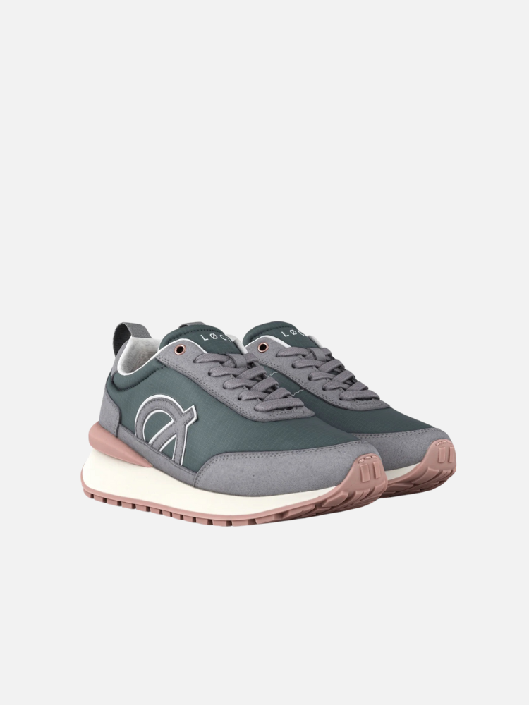 A pair of stylish gray and pink sneakers with textured accents, featuring a prominent logo on the side, set against a white background.