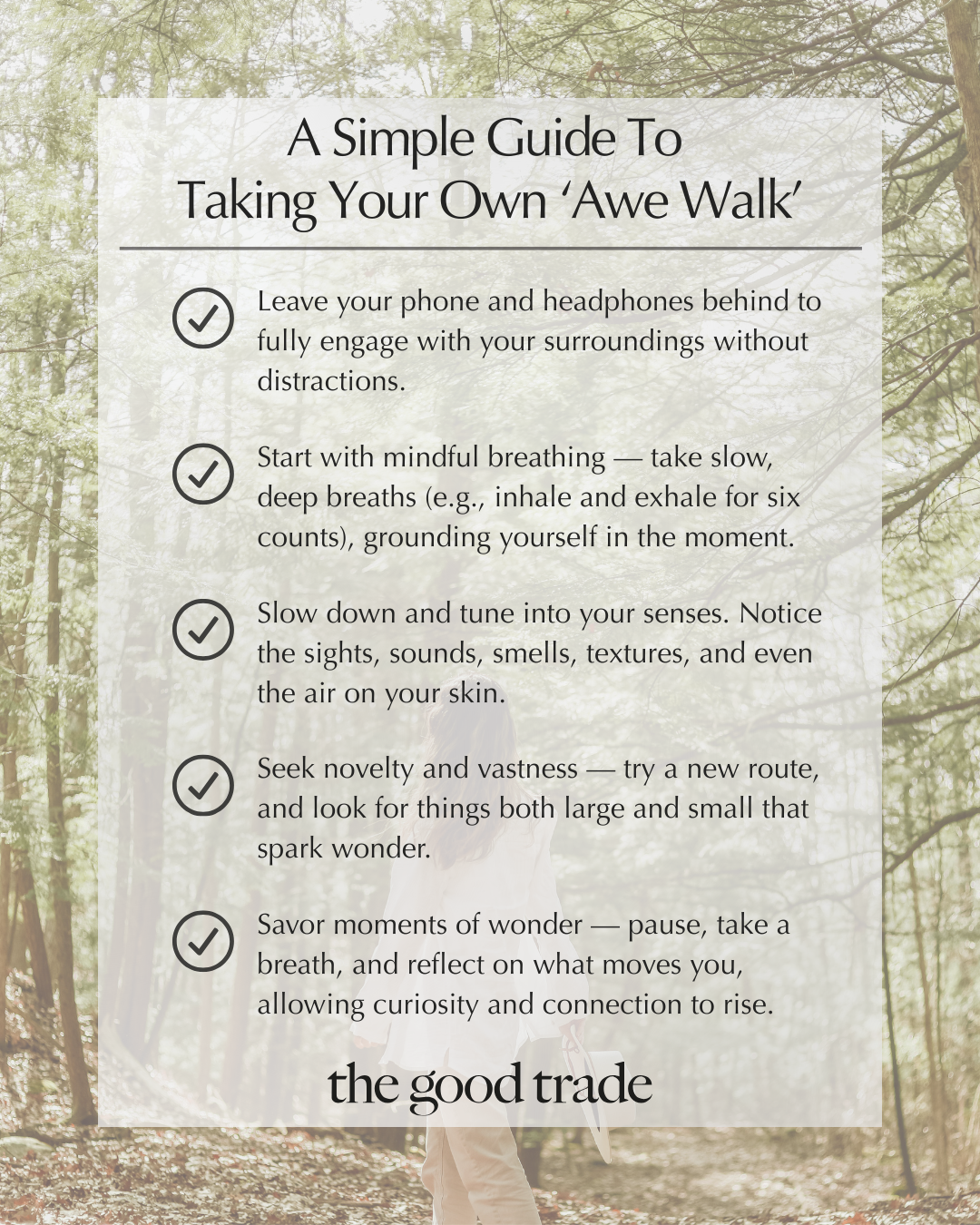 A checklist guide titled “A Simple Guide To Taking Your Own ‘Awe Walk’” is overlaid on a forest background, listing mindful steps for engaging with nature.