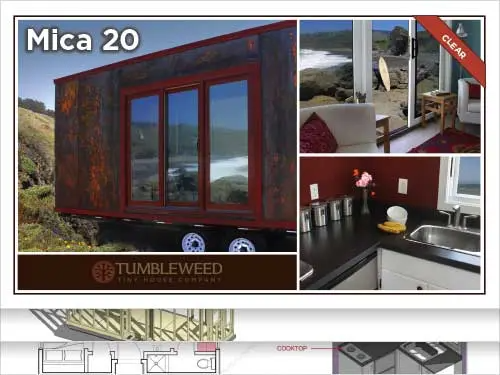Collage of a Tumbleweed Tiny House Co. "Mica 20" model, showing the exterior, interior kitchen, and a view of the ocean through the windows. Floorplan included at the bottom.