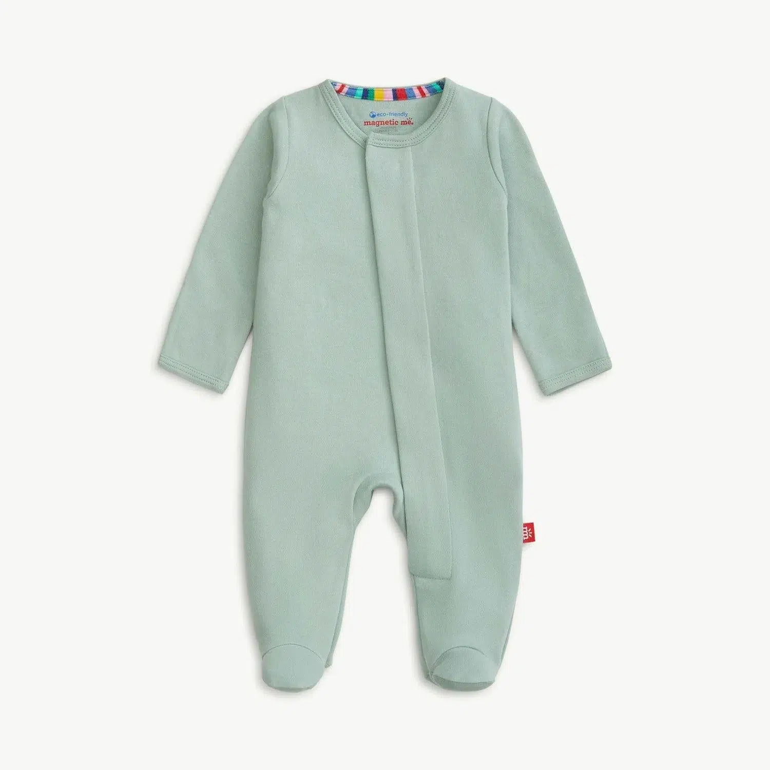Light green baby onesie with long sleeves, covered feet, and an asymmetrical zipper closure. Features a colorful striped inner collar.